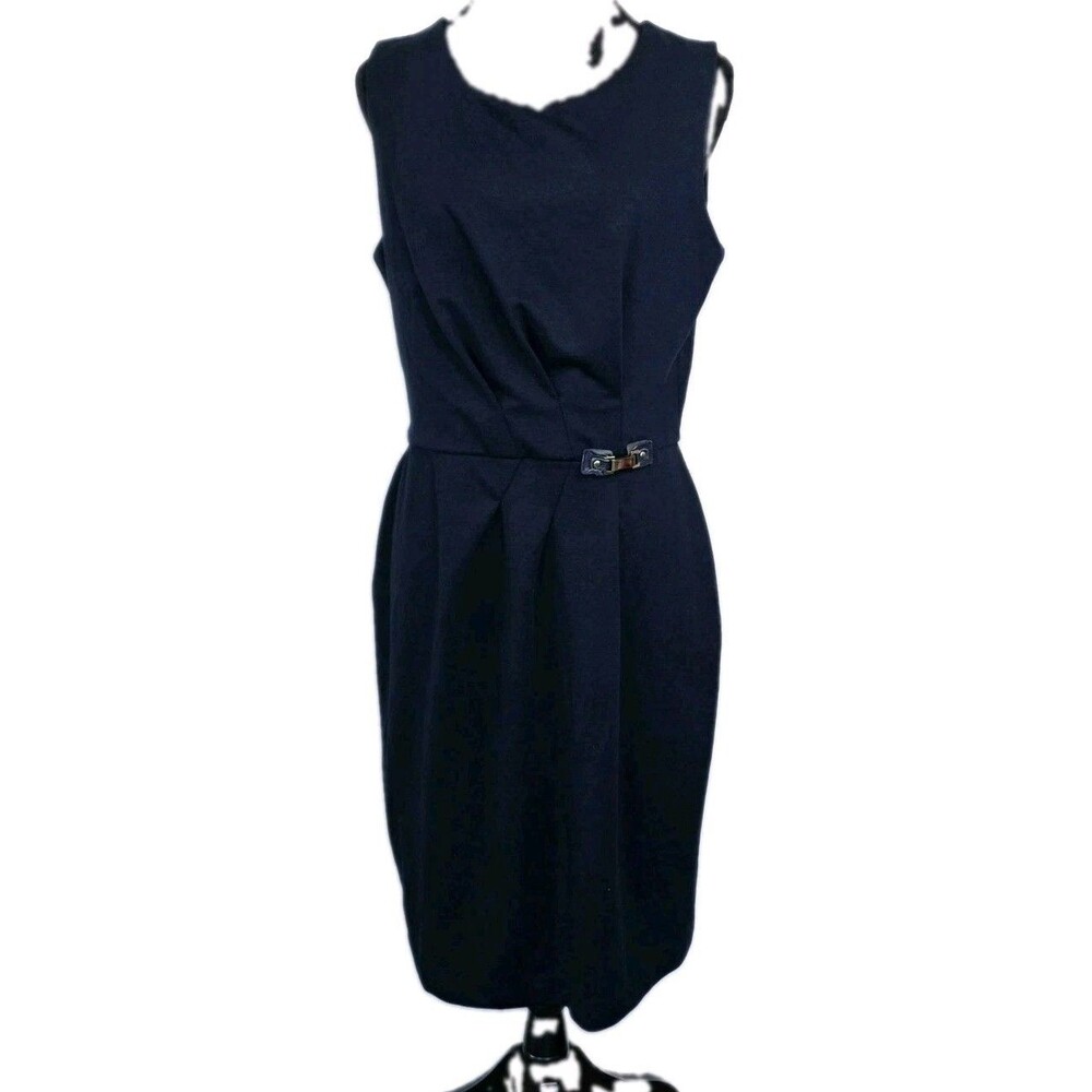 Banana Republic Womens 10 Black Sheath Dress Pleated Waist Gold Buckle...